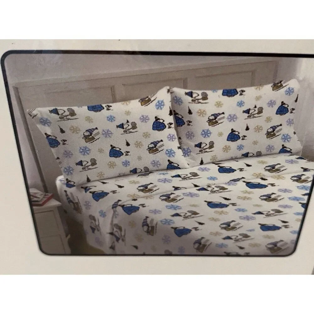 Peanuts Snoopy Puffy Coat QUEEN SZ Sheet Set Christmas Puffer Jacket White‎ Blue